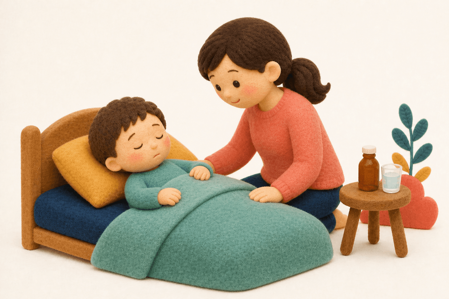 いびきから睡眠時無呼吸になることはありますか?の場面を示すフェルト人形風イラスト