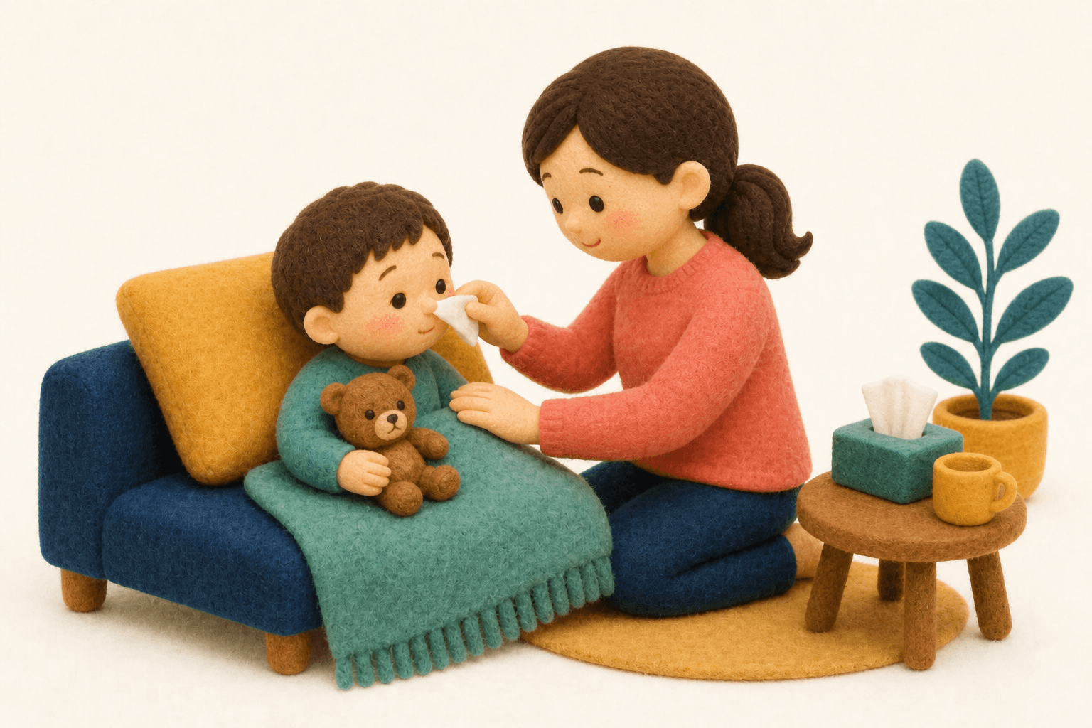 何歳までおねしょは「普通」ですか?いつから心配すべきですかの場面を示すフェルト人形風イラスト