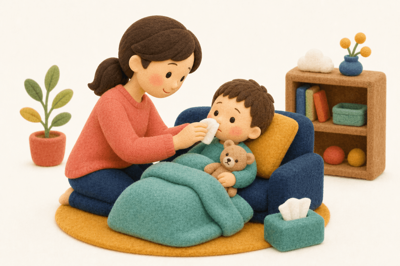 なぜおねしょするのですか?原因は何ですかの場面を示すフェルト人形風イラスト