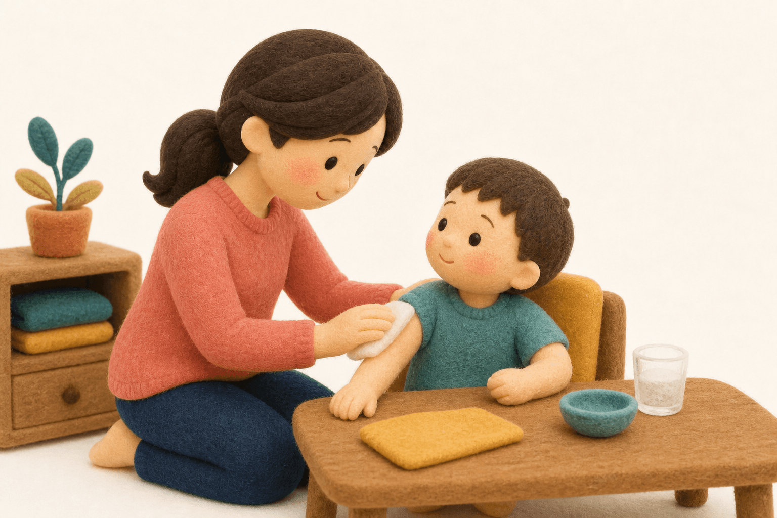 おねしょの治療法はありますかの場面を示すフェルト人形風イラスト