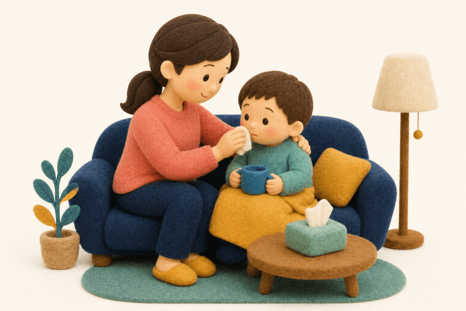 おねしょの子どもに、やってはいけないことはありますかの場面を示すフェルト人形風イラスト