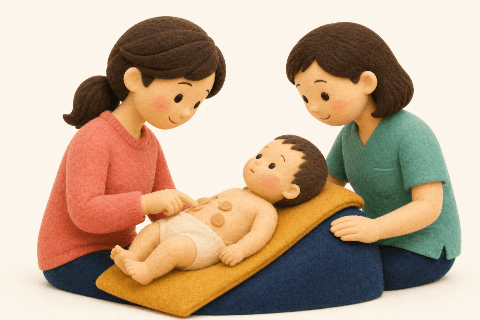 茶色い斑の数を一緒に確認する親子と医師のフェルト人形風イラスト