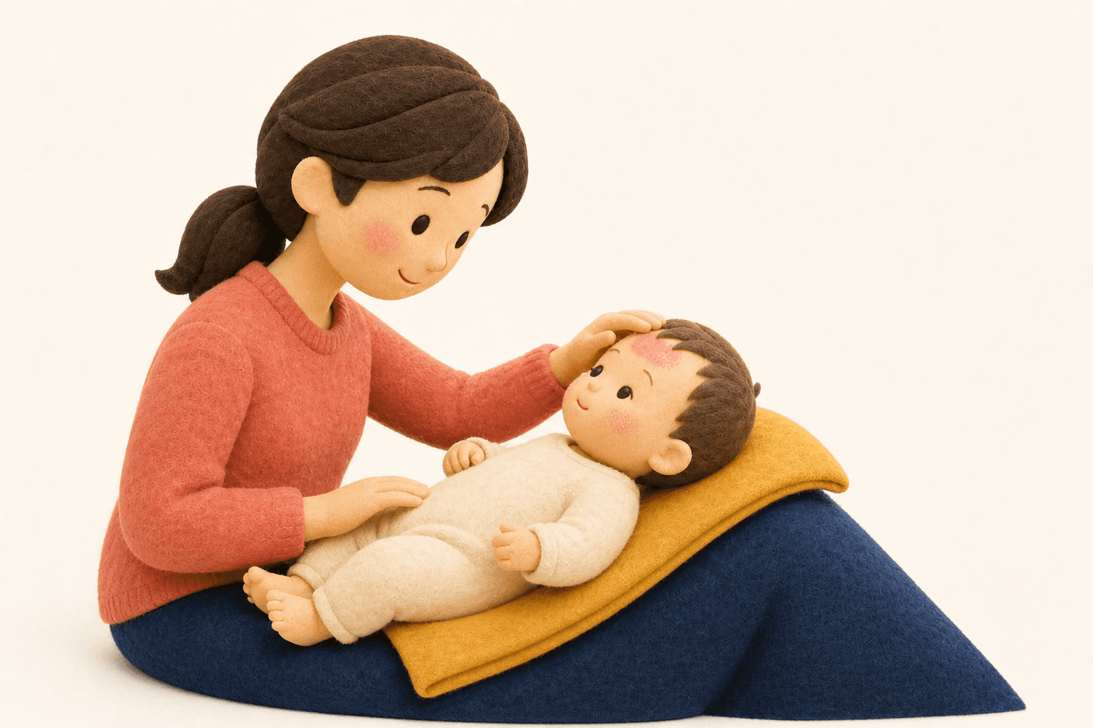 額の赤いあざを優しく見つめる親子のフェルト人形風イラスト
