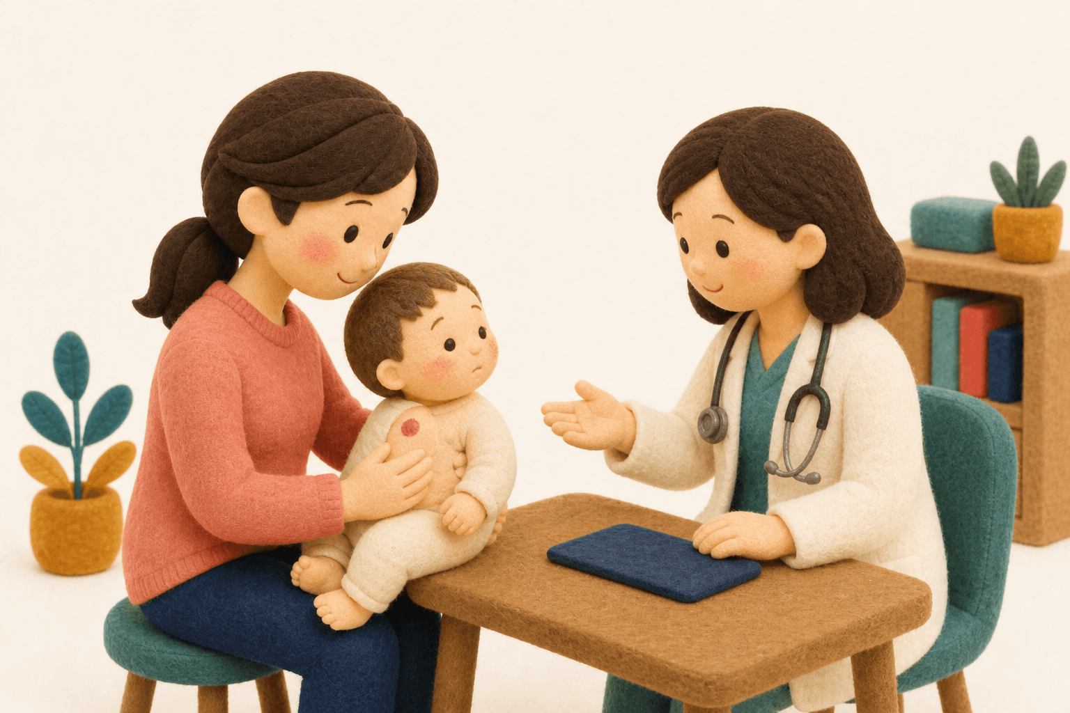 あざの相談で受診する親子のフェルト人形風イラスト