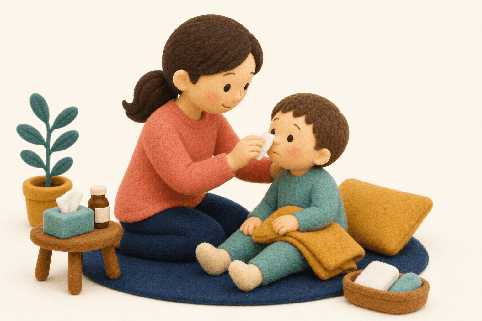 一過性か慢性かを分けるものの場面を示すフェルト人形風イラスト