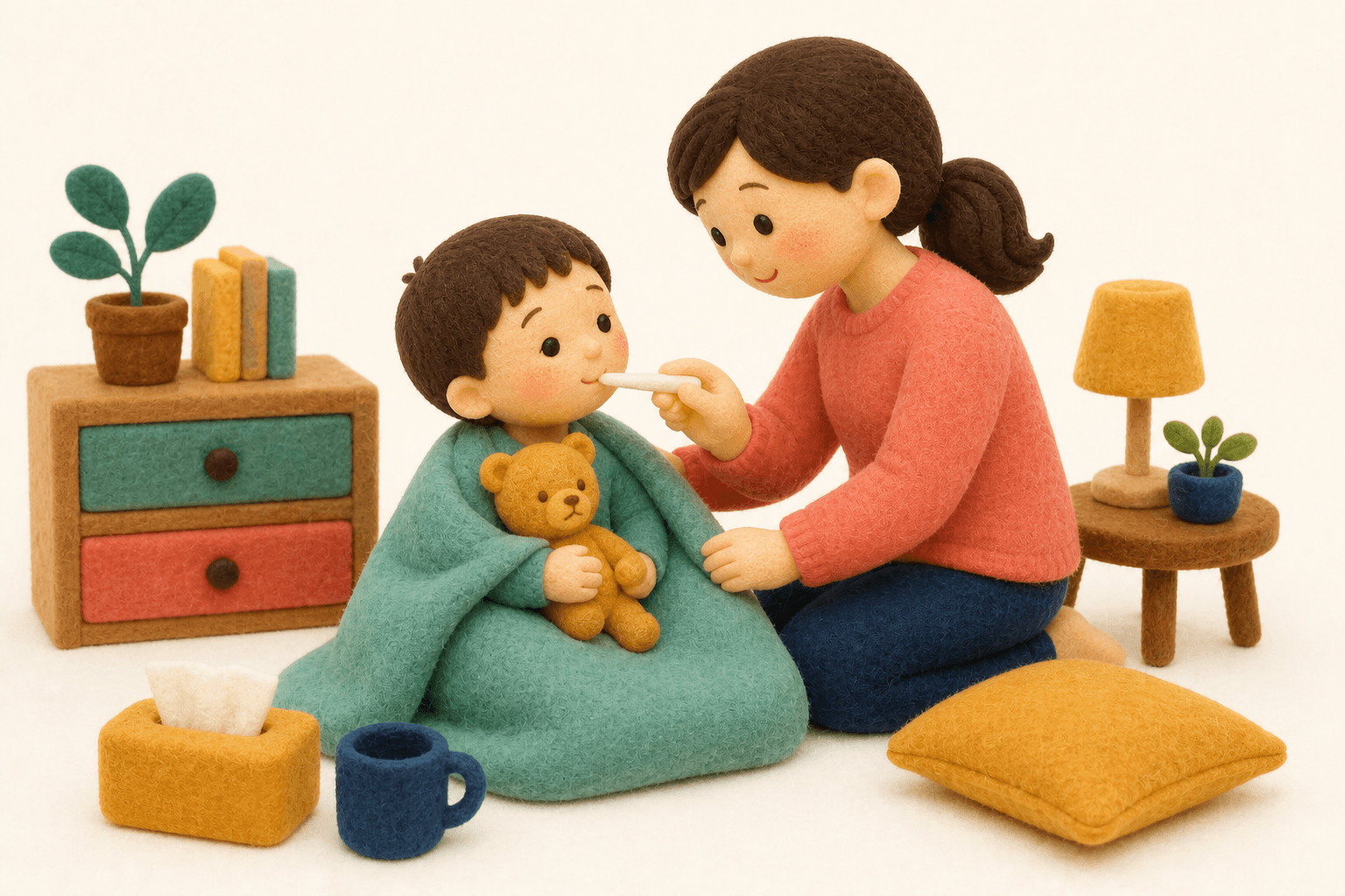 家庭での対応の場面を示すフェルト人形風イラスト