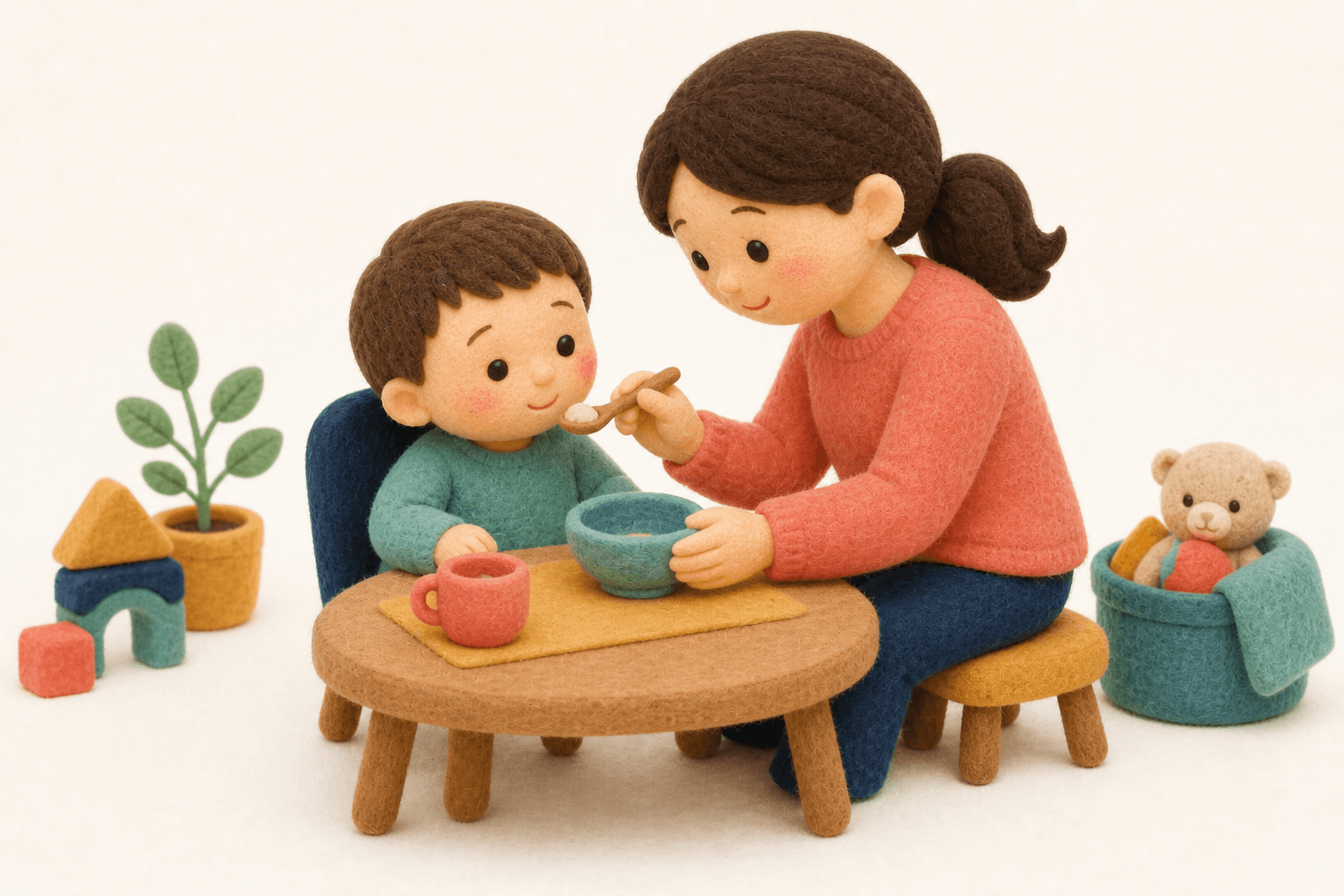 歯ぎしりの種類と発症時期の場面を示すフェルト人形風イラスト