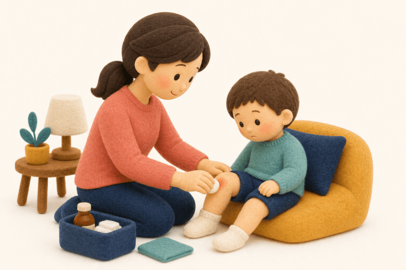 家庭での対応の場面を示すフェルト人形風イラスト