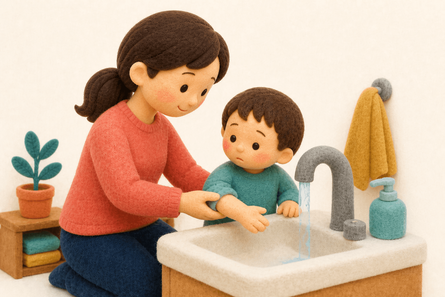 やけどの腕を、保護者が水道のぬるめの流水で冷やしているフェルト人形風イラスト