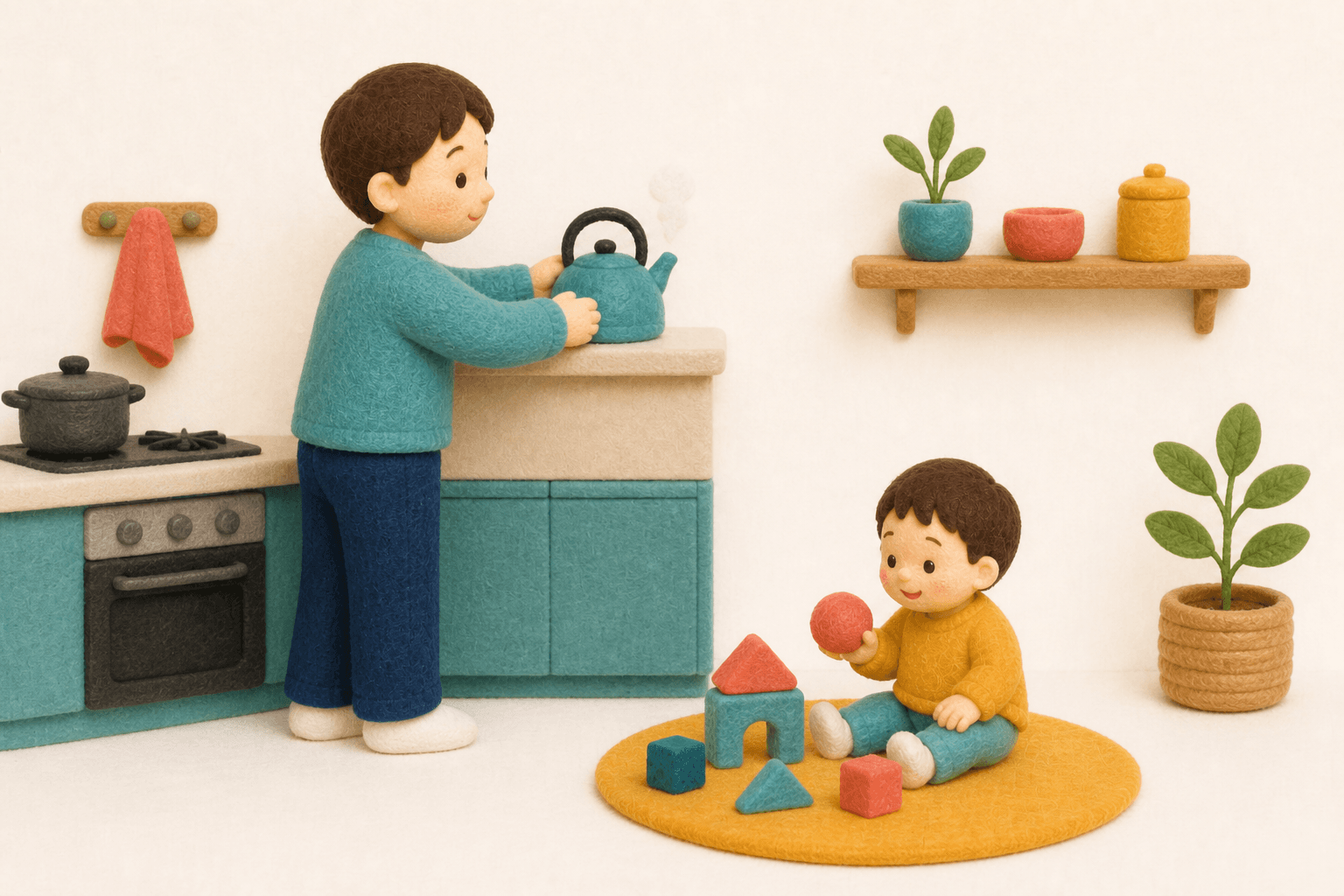 熱いケトルを奥に置き、子どもを火元から遠ざけている家庭のフェルト人形風イラスト