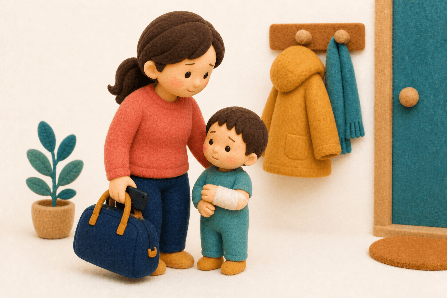 やけど後に受診へ向かう準備をする親子のフェルト人形風イラスト