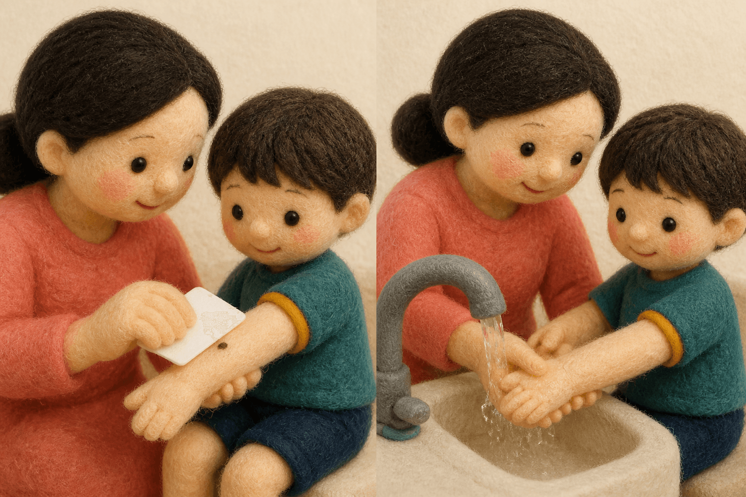 手のひらとやけど範囲、小さな水ぶくれを確認する保護者のフェルト人形風イラスト