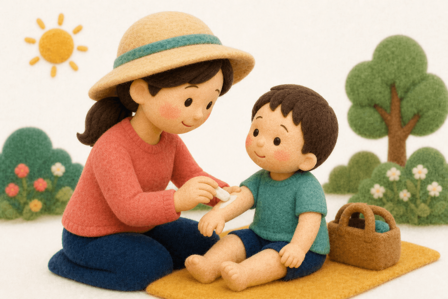 治りかけの腕に帽子で日差しをよける親子のフェルト人形風イラスト