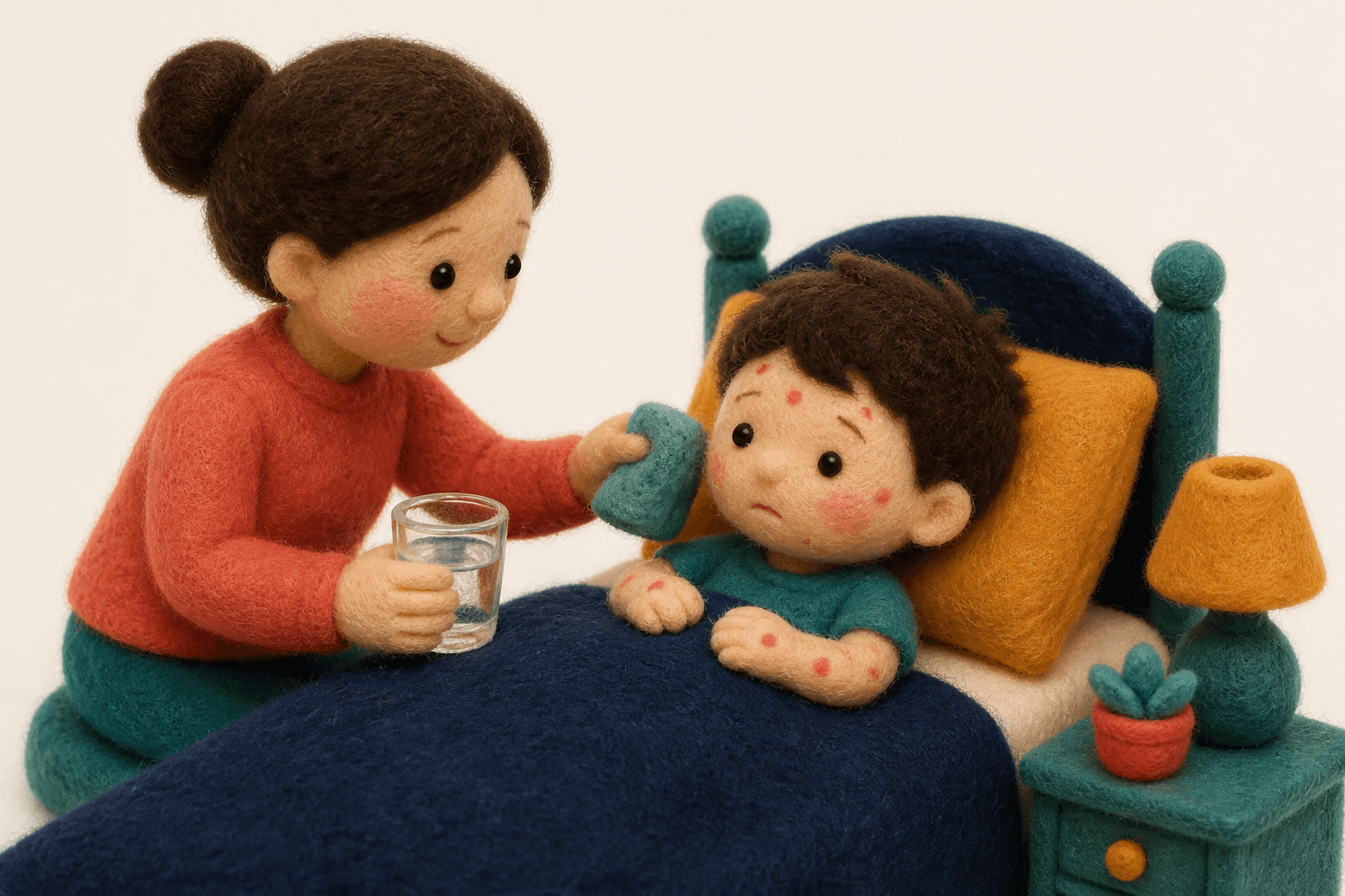 水ぼうそうで熱のある子どもに水分と休息を取らせるフェルト人形風イラスト