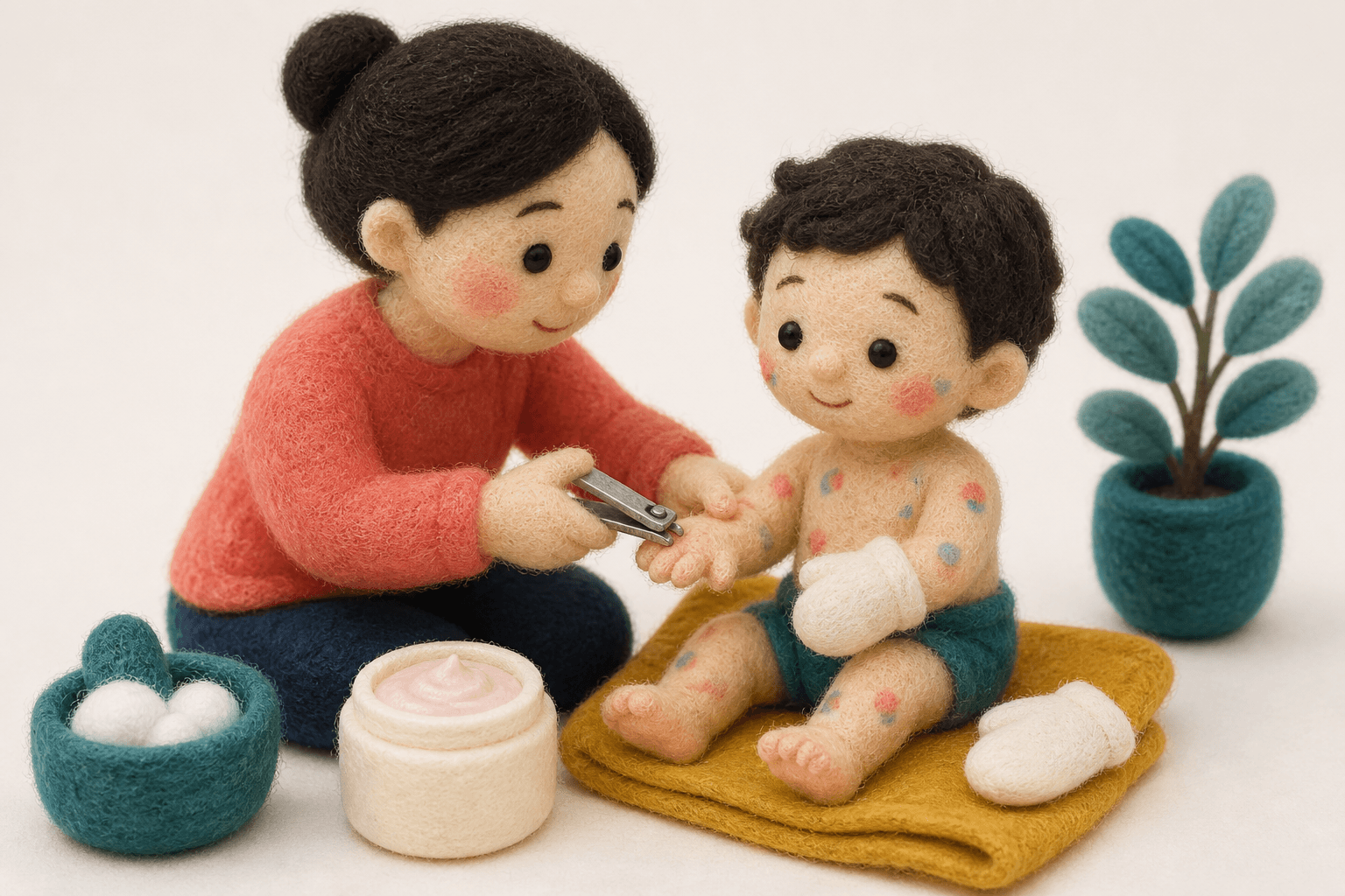爪を短く切り、かゆみケアをする保護者のフェルト人形風イラスト