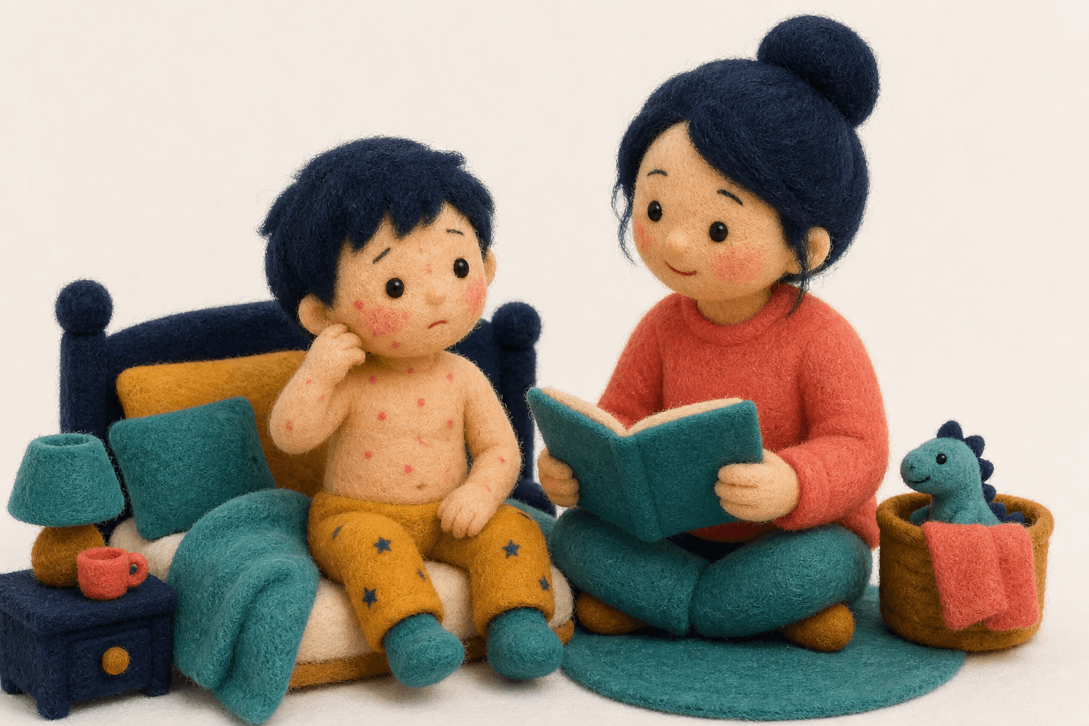 体に水ぶくれ状の発疹がある子どもを見守る保護者のフェルト人形風イラスト