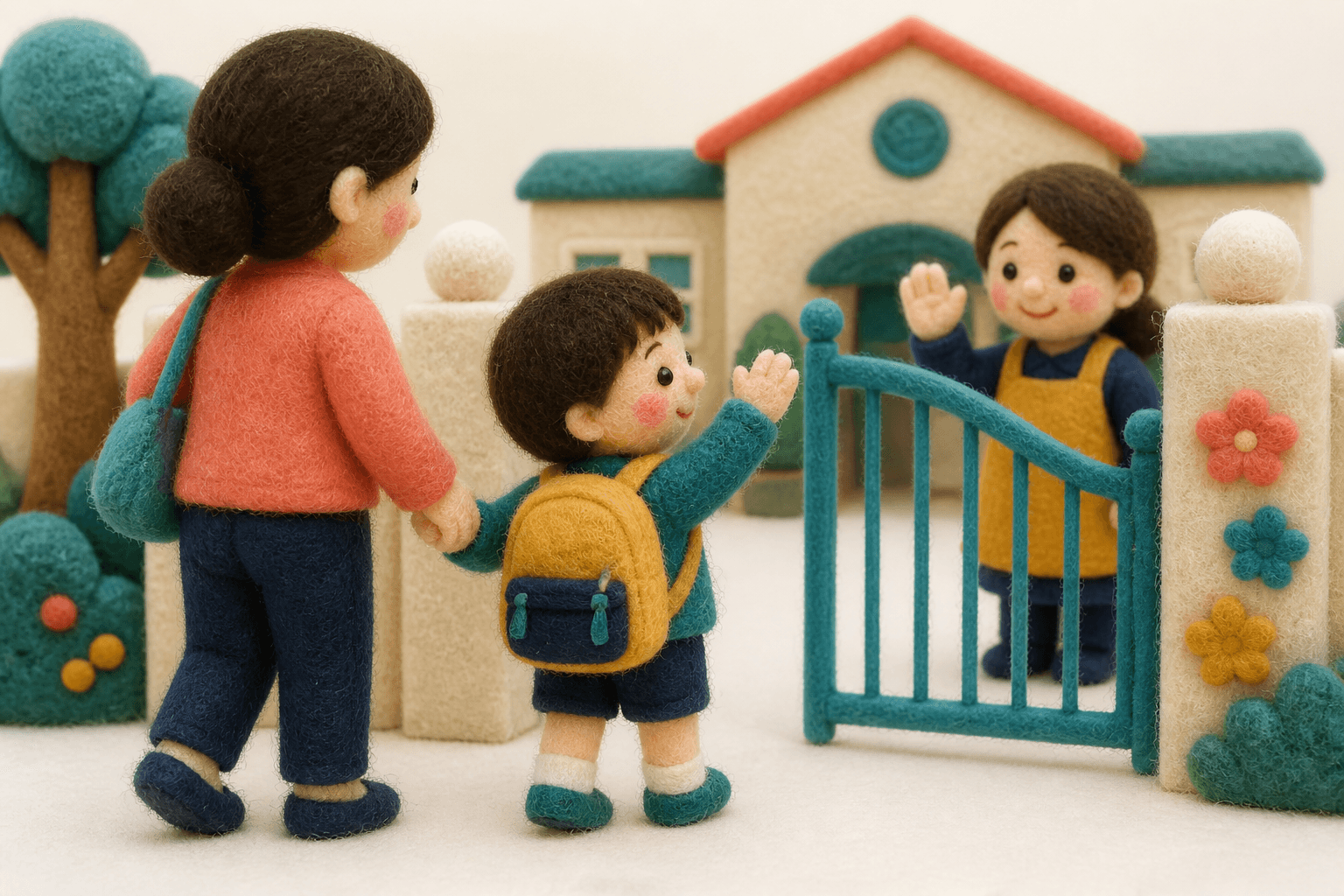 すべての発疹がかさぶたになり登園再開する子どものフェルト人形風イラスト