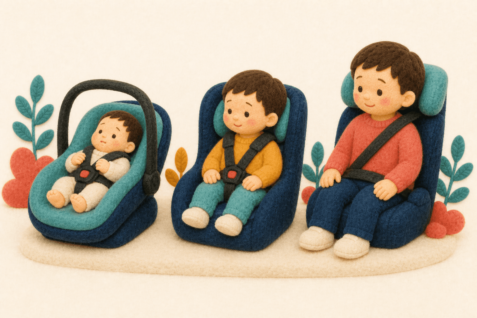 乳児用・幼児用・ブースターの段階を並べたフェルト人形風イラスト