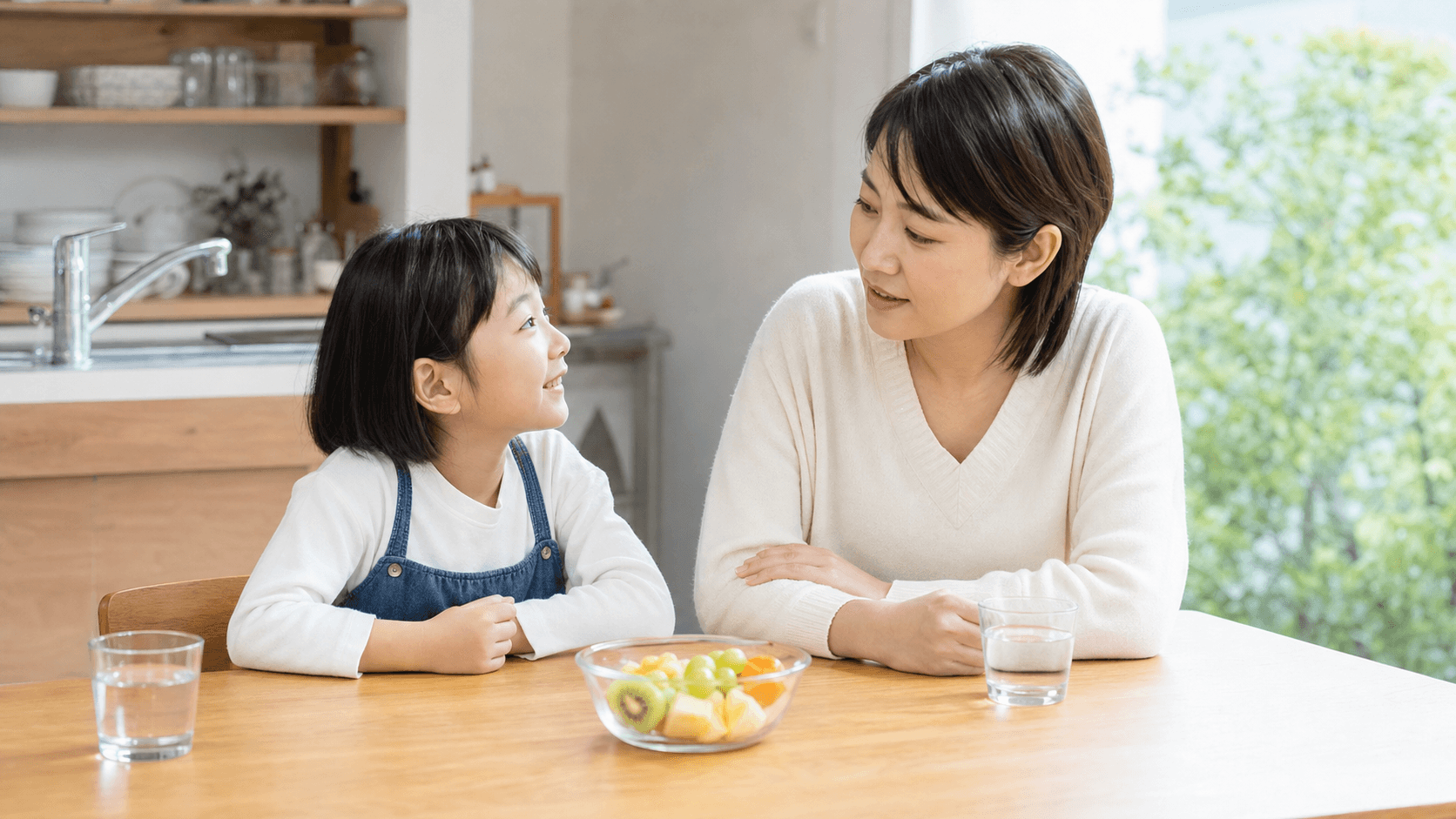 食卓で子どもと保護者が水や果物を前に生活習慣について話している場面