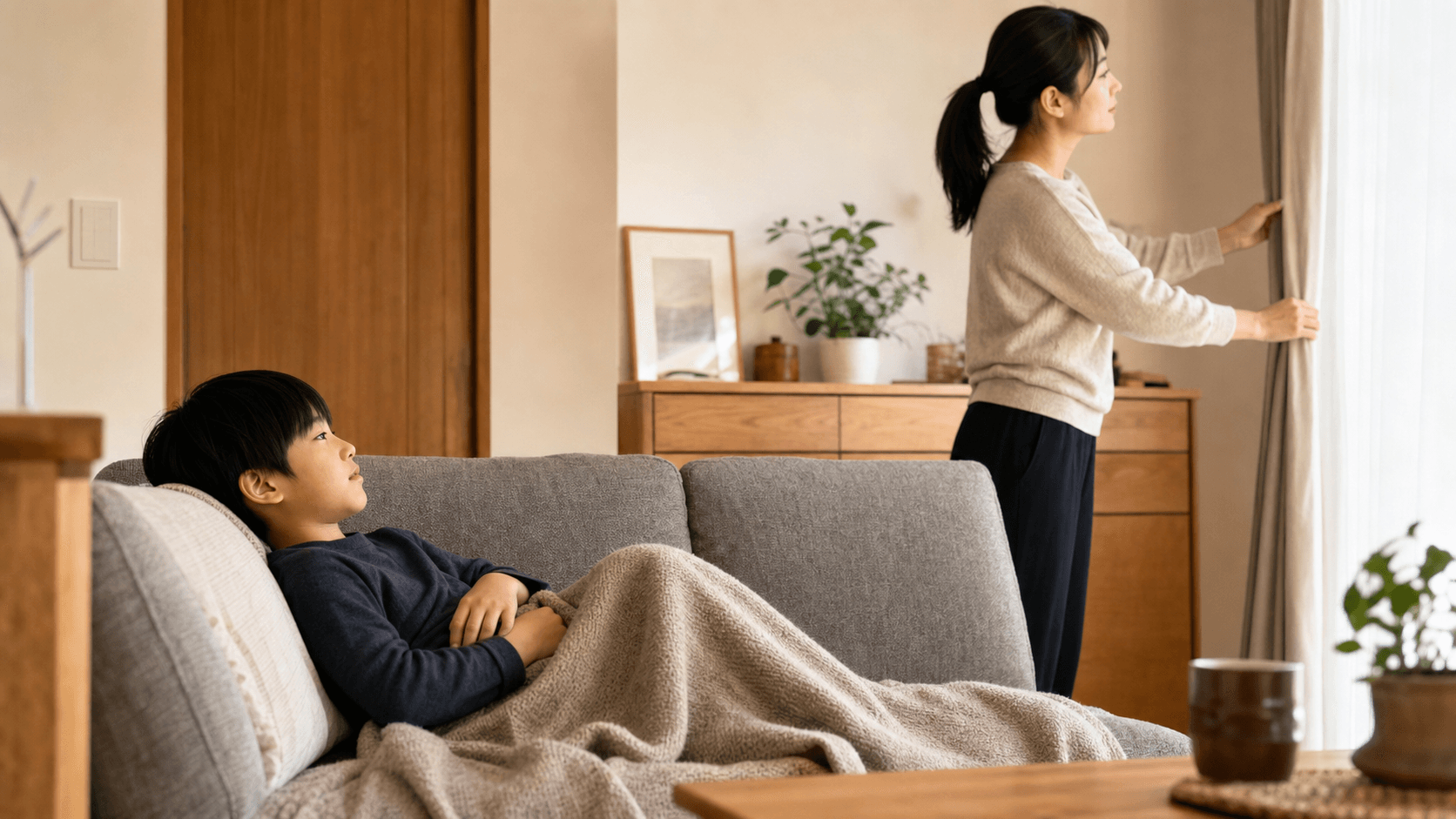 静かな部屋のソファで休む子どものそばで保護者がカーテンを閉めている場面