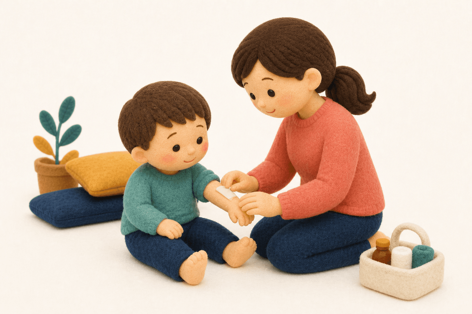 3歳の子が嘘をつくのは普通ですか?の場面を示すフェルト人形風イラスト