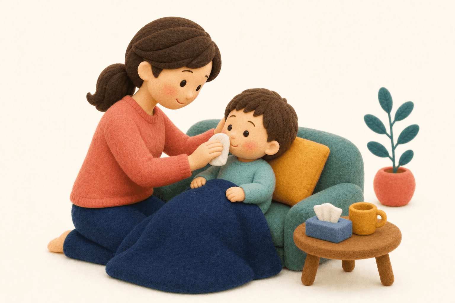 注意すべき事業所の特徴はありますか?の場面を示すフェルト人形風イラスト