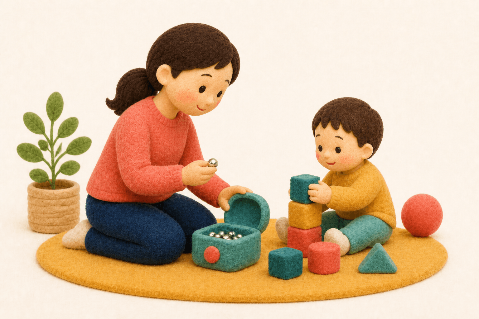 小さな磁石を数えながら高い棚のケースへしまう保護者のフェルト人形風イラスト