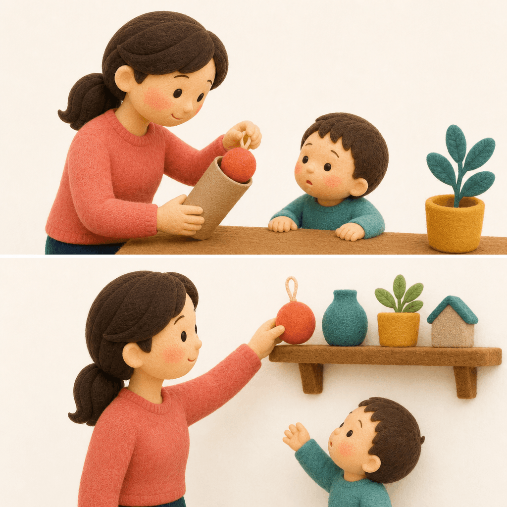 オーナメントが紙芯を通るか確かめ、子どもの手の届かない所へ移すフェルト人形風イラスト