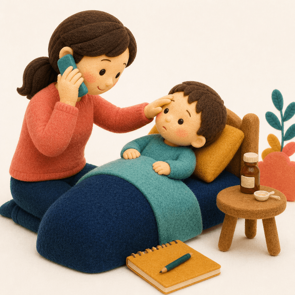 誤飲が疑われるとき電話相談しながら子を落ち着かせる保護者のフェルト人形風イラスト
