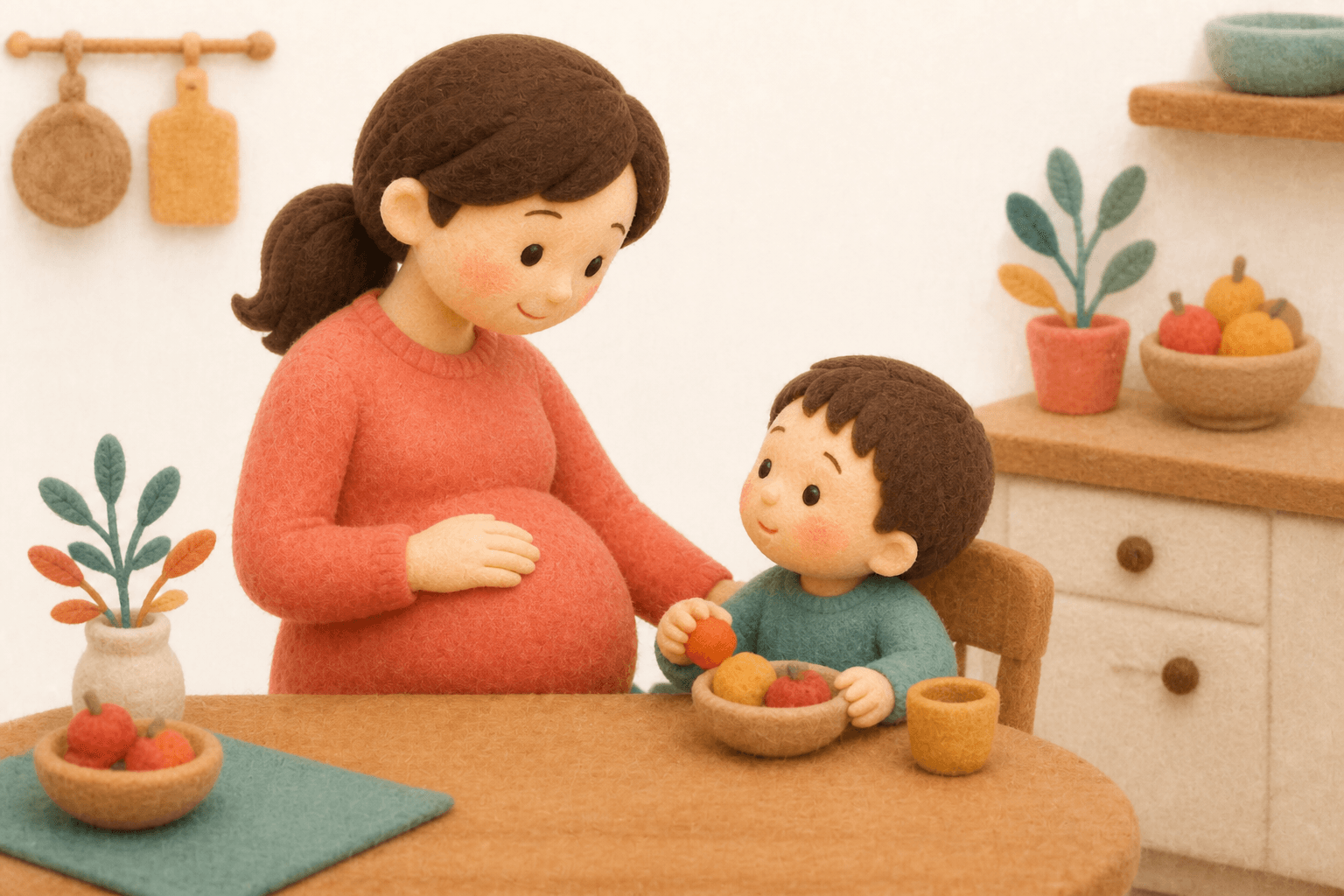 妊婦と上の子が穏やかに過ごす家庭のフェルト人形風イラスト