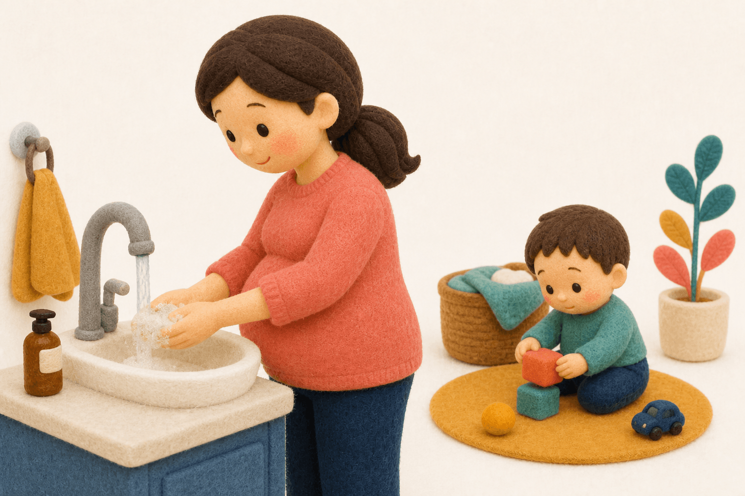 おむつ替えのあと手を洗う妊婦のフェルト人形風イラスト
