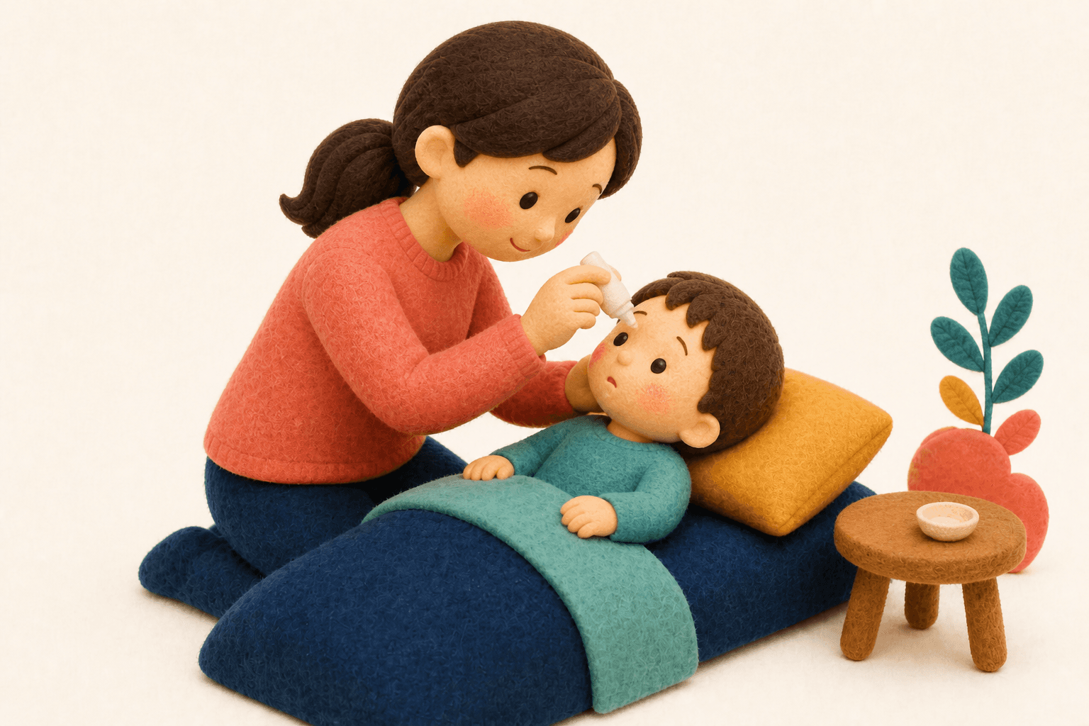 無地の点眼薬をさす親子のフェルト人形風イラスト