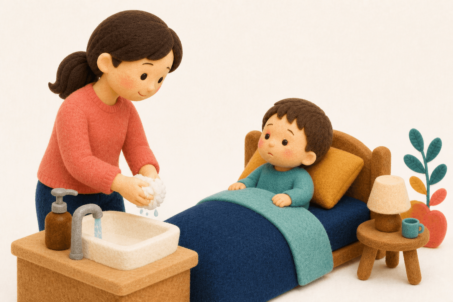 はやり目の子どもを守り手洗いする家庭のフェルト人形風イラスト