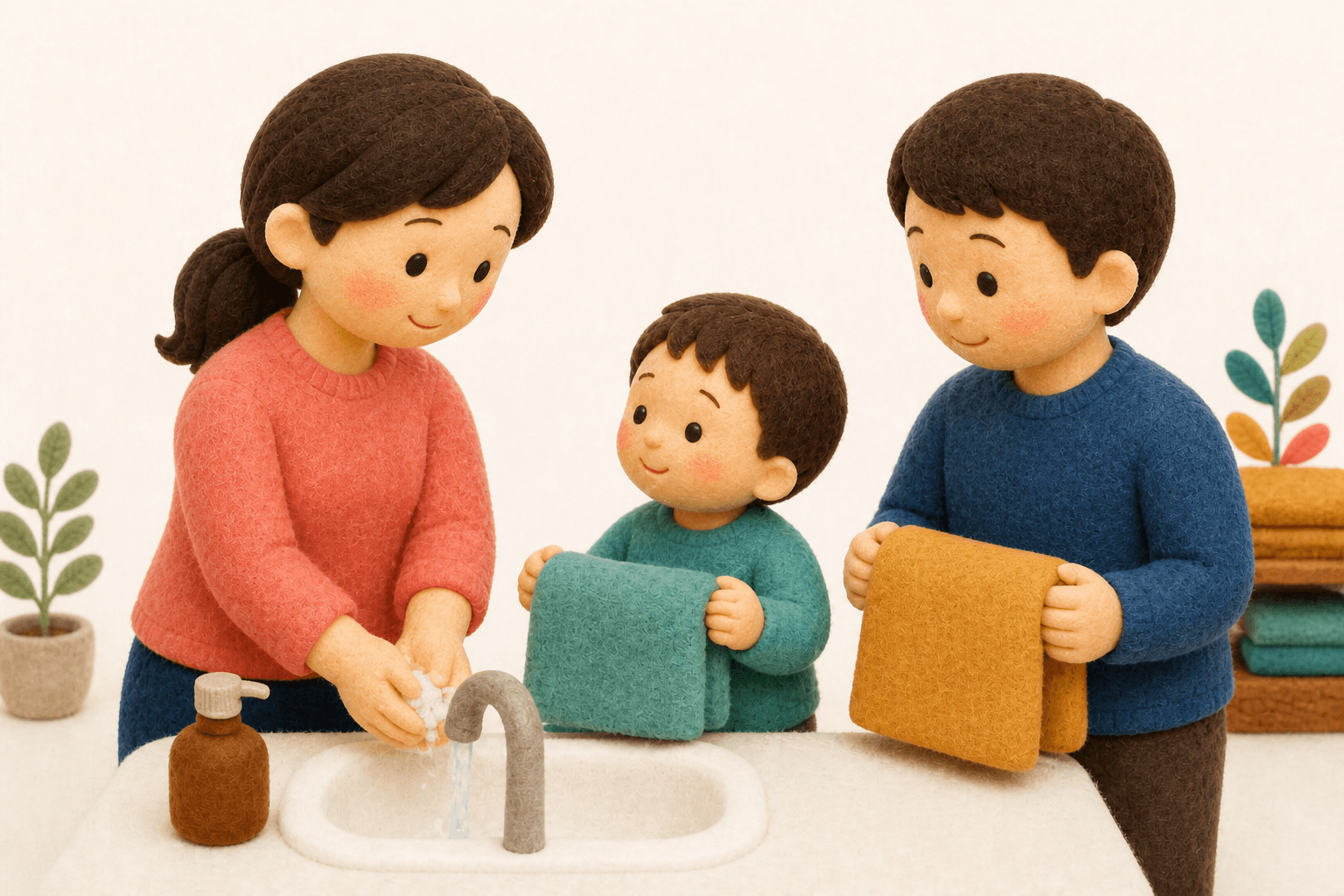 タオルを分け手洗いする家庭のフェルト人形風イラスト