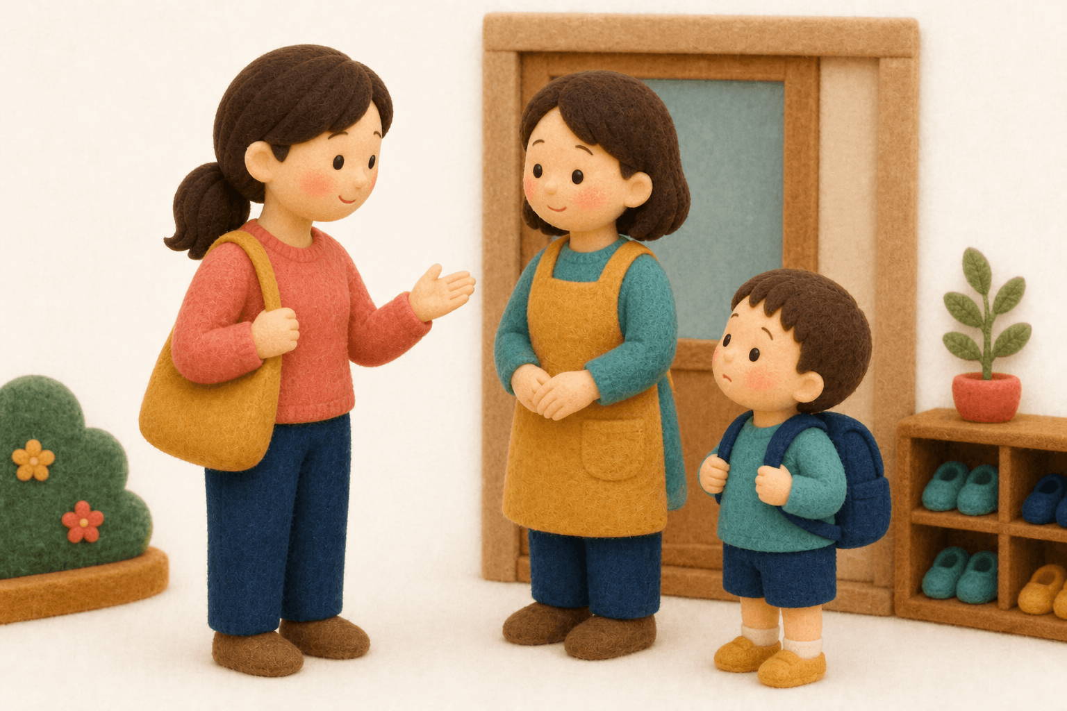 園の先生と登園再開を相談する保護者のフェルト人形風イラスト