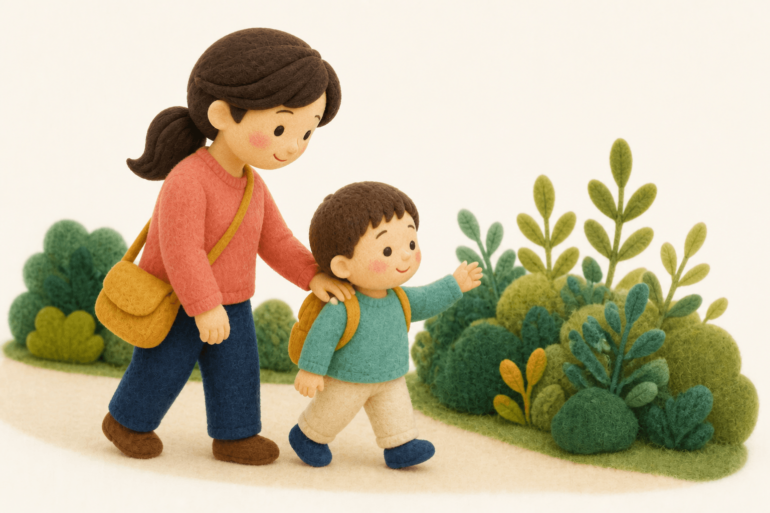 山歩きで植物に触らないよう誘導する親子のフェルト人形風イラスト