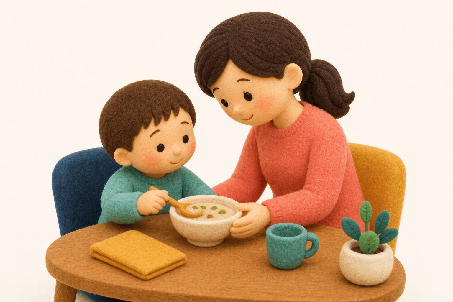 どんな場面で困ることが多いですか?の場面を示すフェルト人形風イラスト