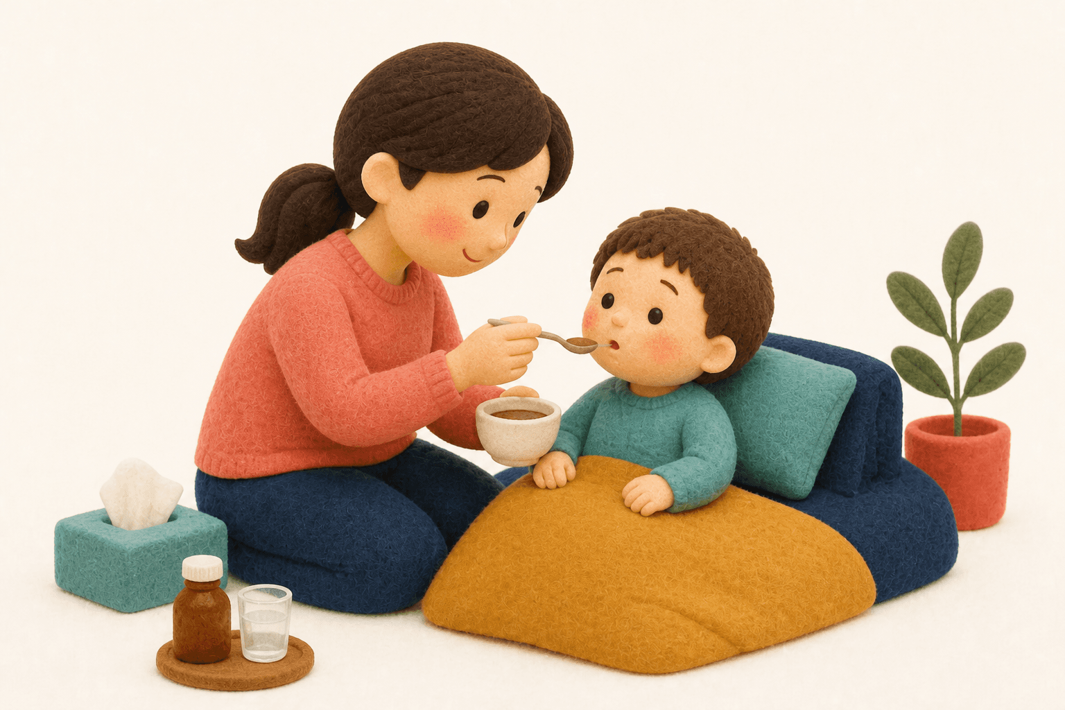 発達検査にはどんな種類がありますか?の場面を示すフェルト人形風イラスト