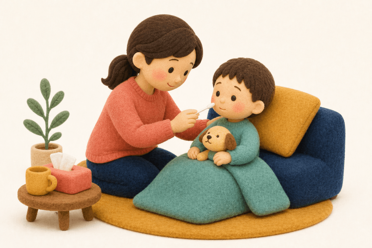 検査結果をどう日常に活かせばいいですか?の場面を示すフェルト人形風イラスト
