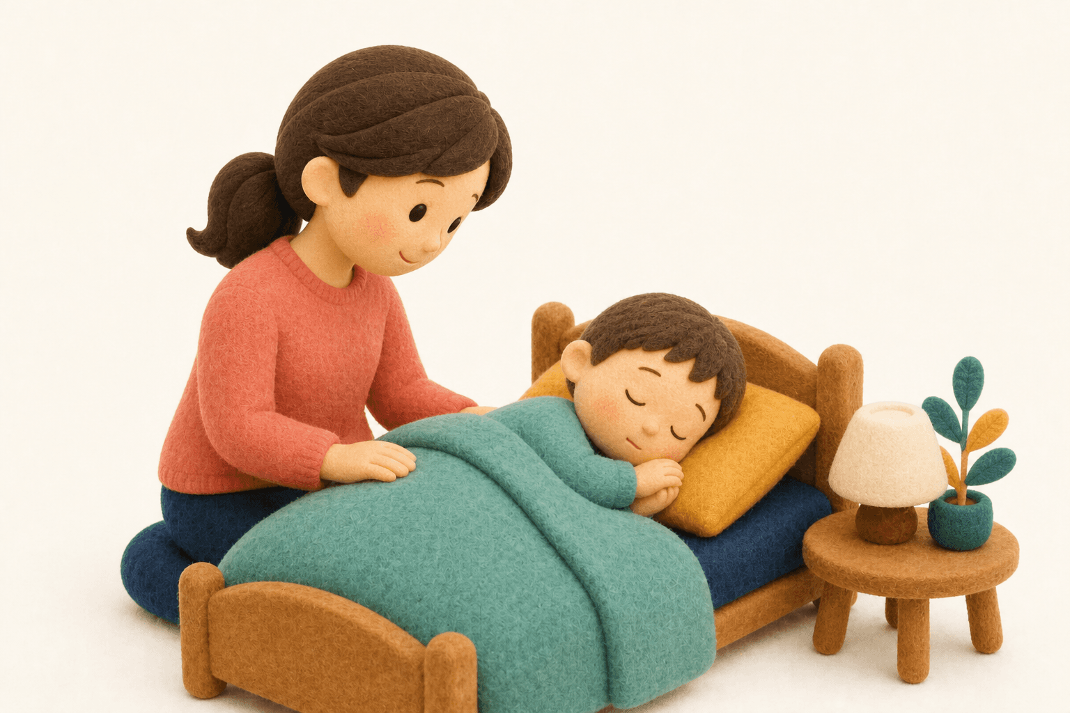 発達障害の子はなぜ眠りに問題を抱えやすいのですか?の場面を示すフェルト人形風イラスト