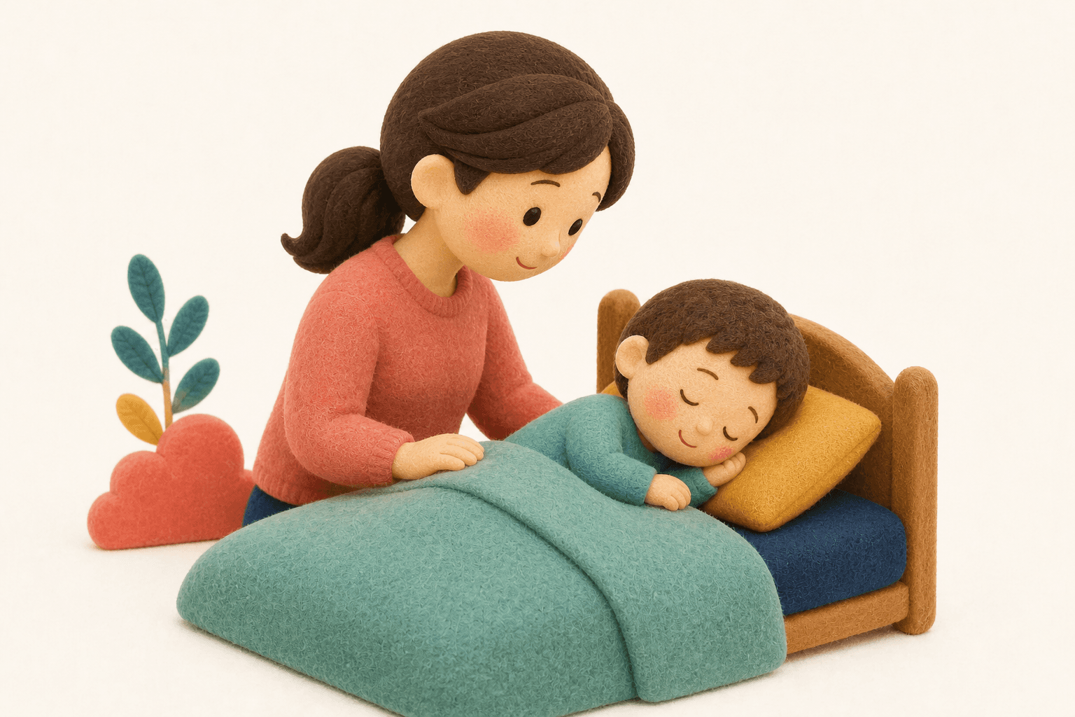 具体的にどんな睡眠の問題がありますか?の場面を示すフェルト人形風イラスト