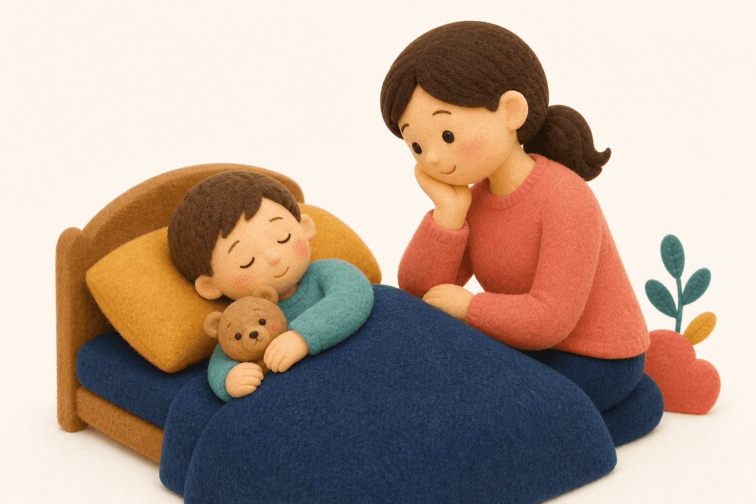 睡眠の改善のためにまず何をすればよいですか?の場面を示すフェルト人形風イラスト