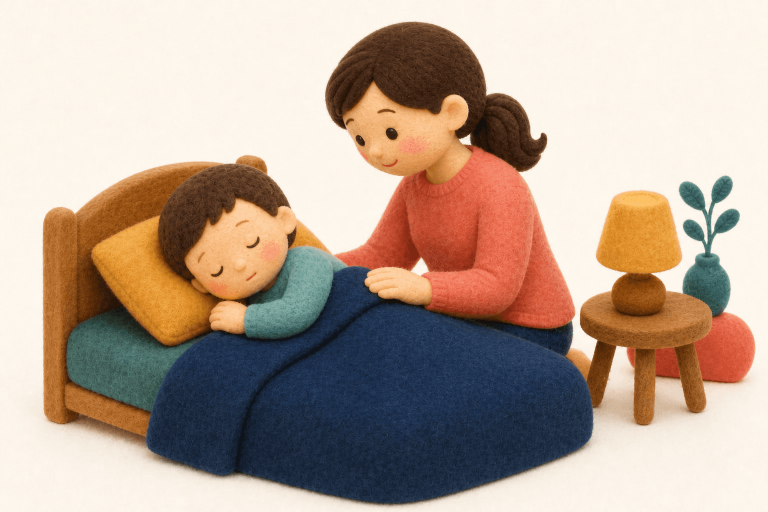睡眠衛生を整えても改善しない場合はどうしますか?の場面を示すフェルト人形風イラスト