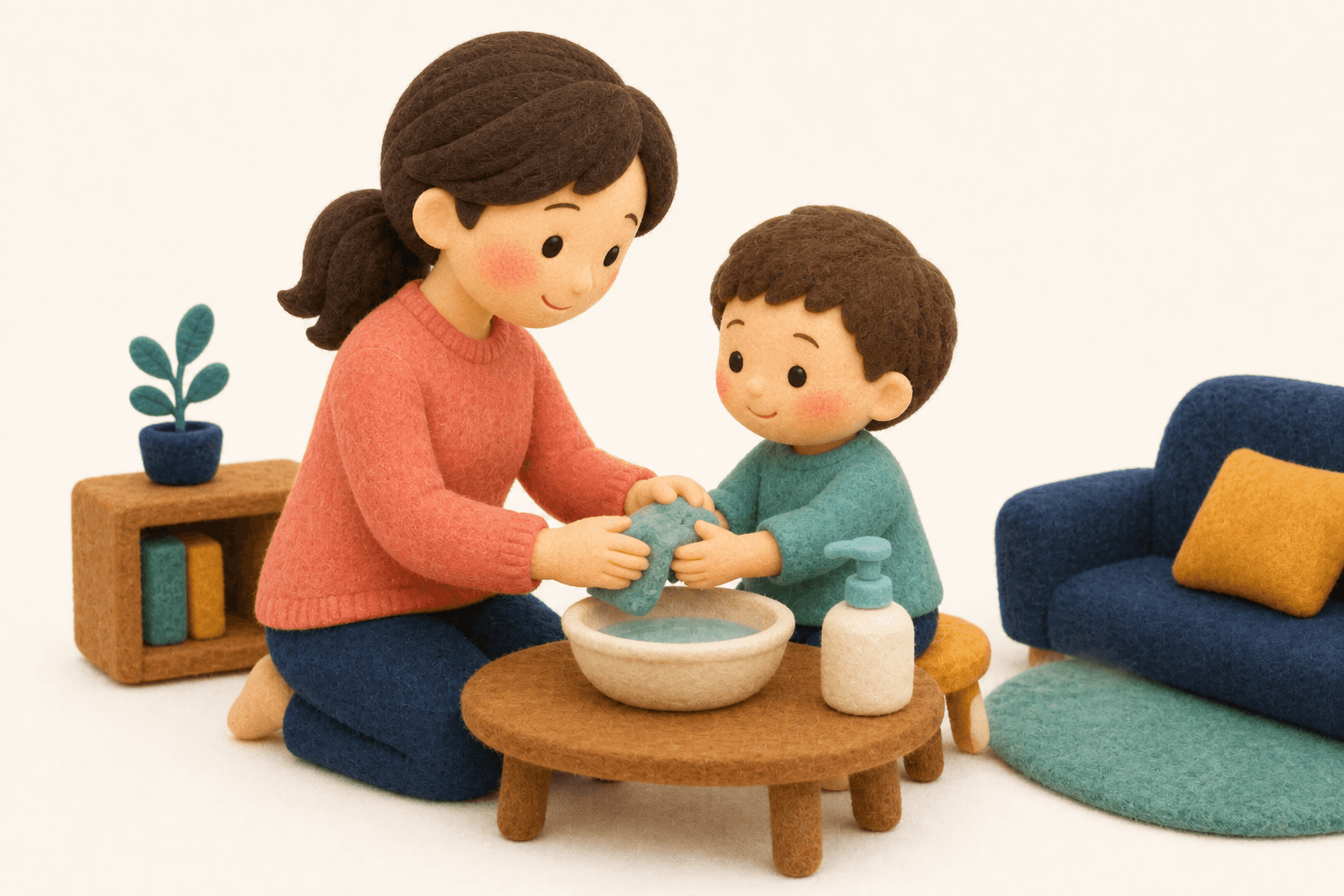 療育は効果がありますか?の場面を示すフェルト人形風イラスト