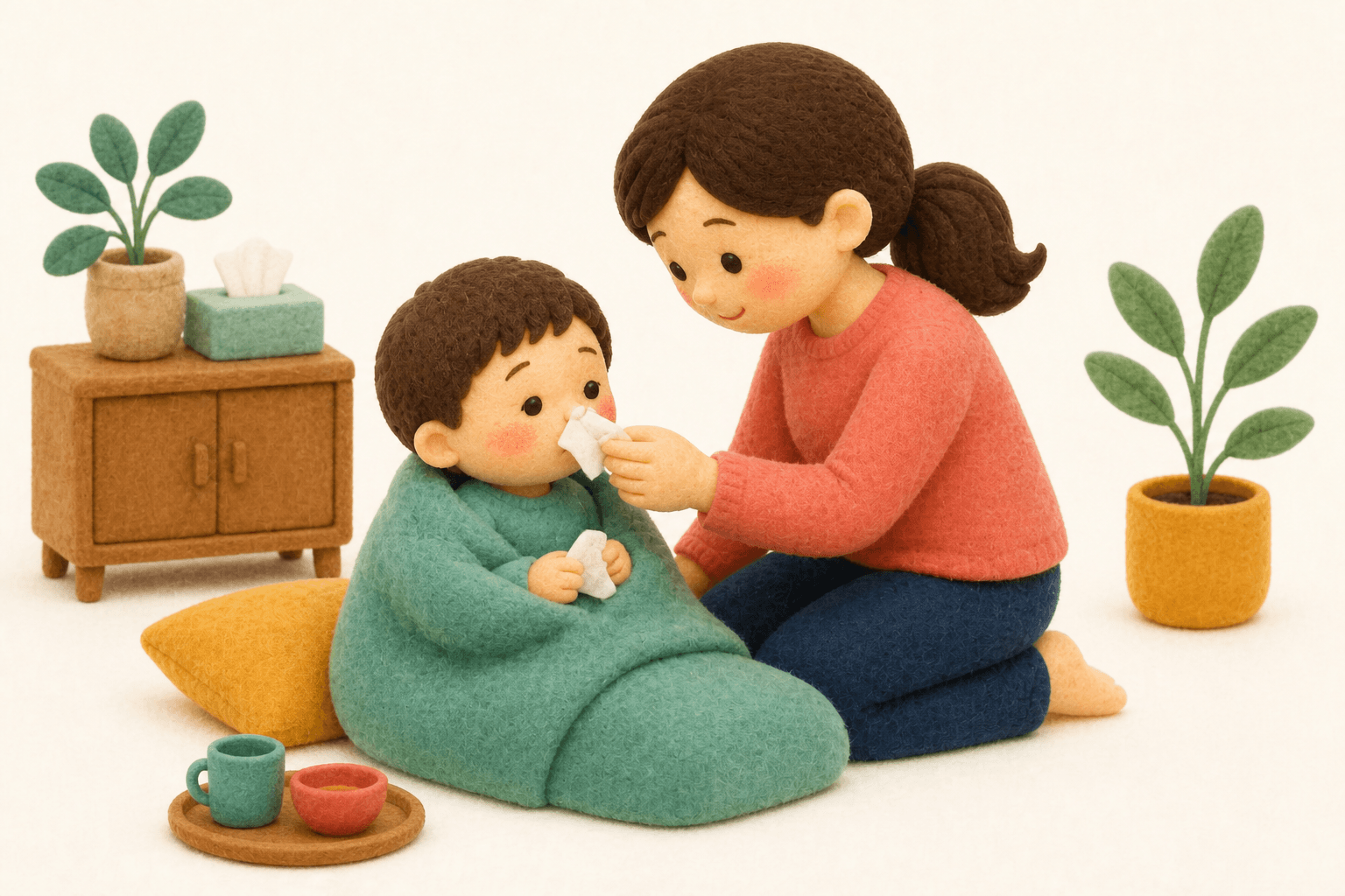 療育はいつまで続けるのですか?の場面を示すフェルト人形風イラスト