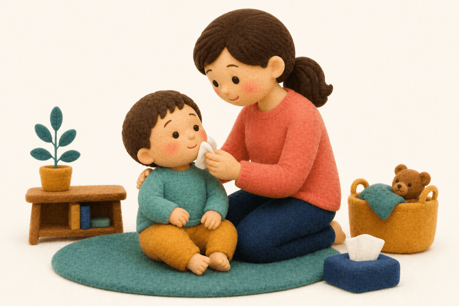 発達のでこぼこ、得意と苦手の場面を示すフェルト人形風イラスト