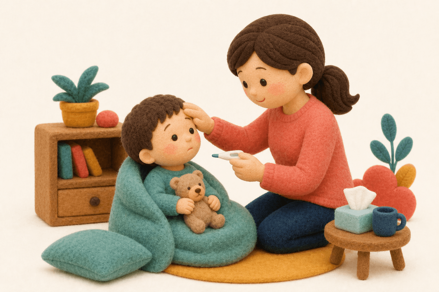 朝の支度が全然進みません。どうすればよいですか?の場面を示すフェルト人形風イラスト