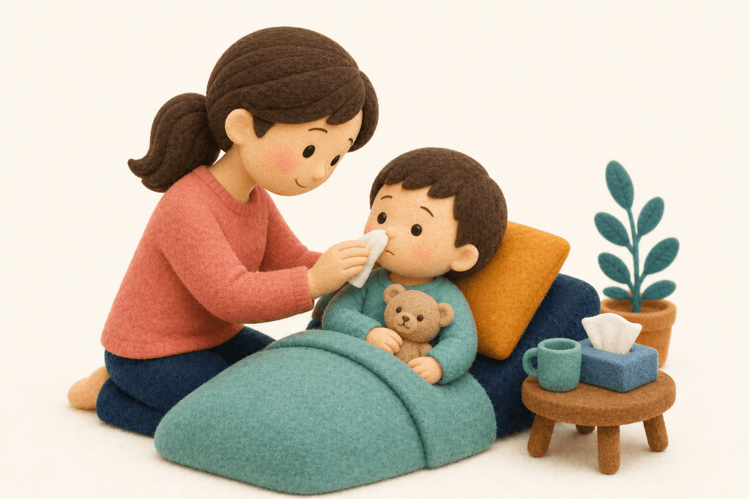 子どもに告知するべきですか?の場面を示すフェルト人形風イラスト