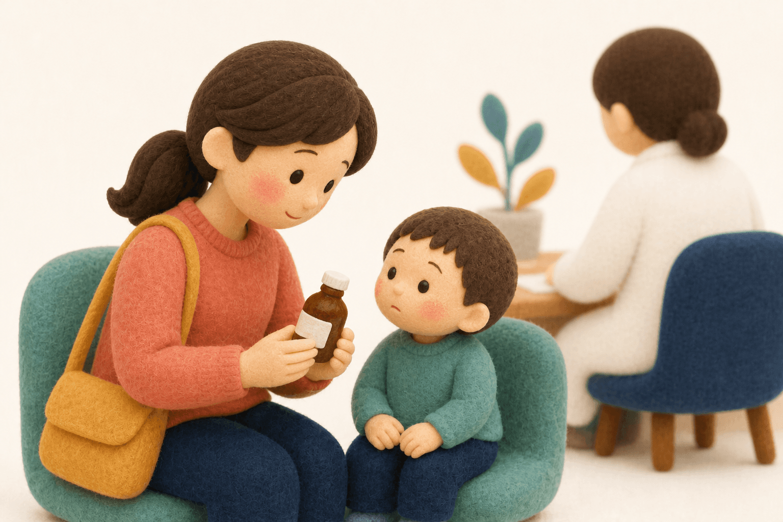 薬の種類を確認しながら医師と相談する雰囲気のフェルト人形風イラスト