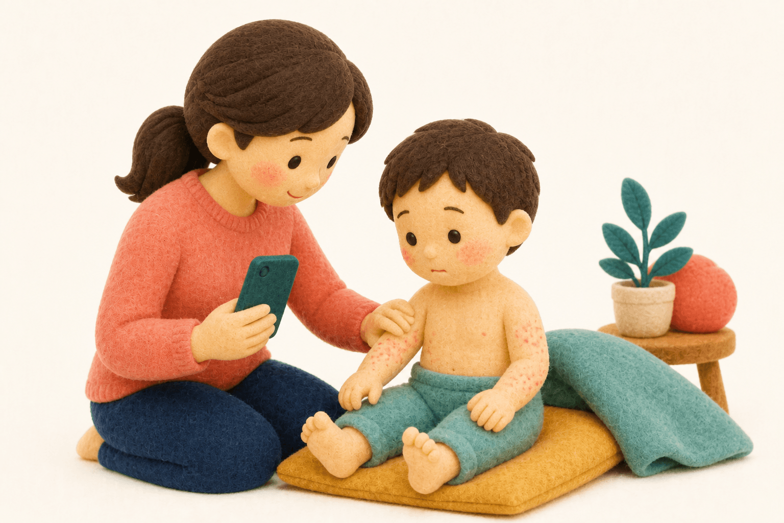 じんましんの子どもを見て受診の判断をする保護者のフェルト人形風イラスト